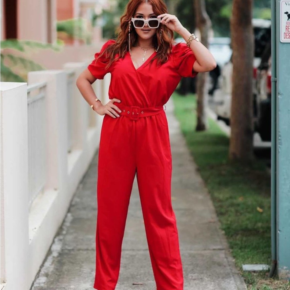 Red Jumpsuit long sleeve with belt NEVER WORN